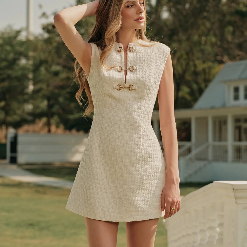Tweed Sleeveless Cap Sleeve Mini Dress with Horse Bit Detail